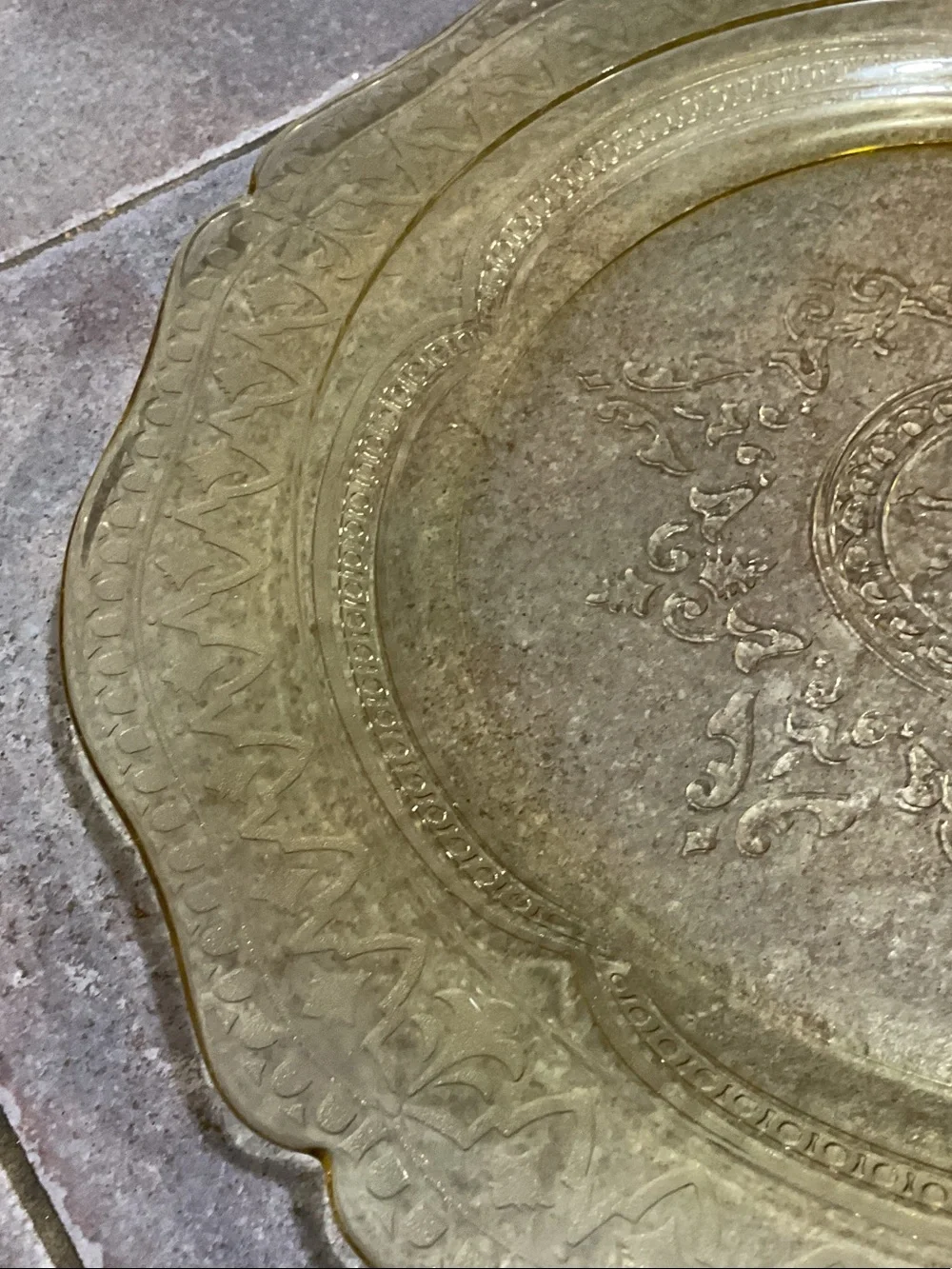 Rare yellow depression glass dinner plate.- Elegant Table Accent